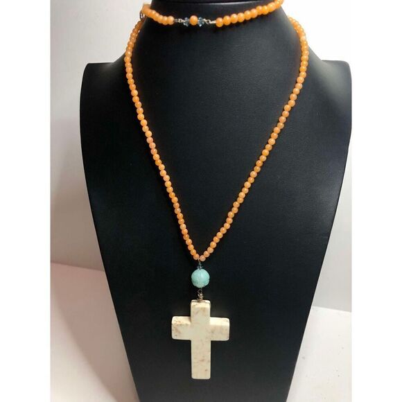 1435 G. Paris Designs white turquoise amazonite Jasper Cross Necklace 28" 47g - Picture 2 of 4